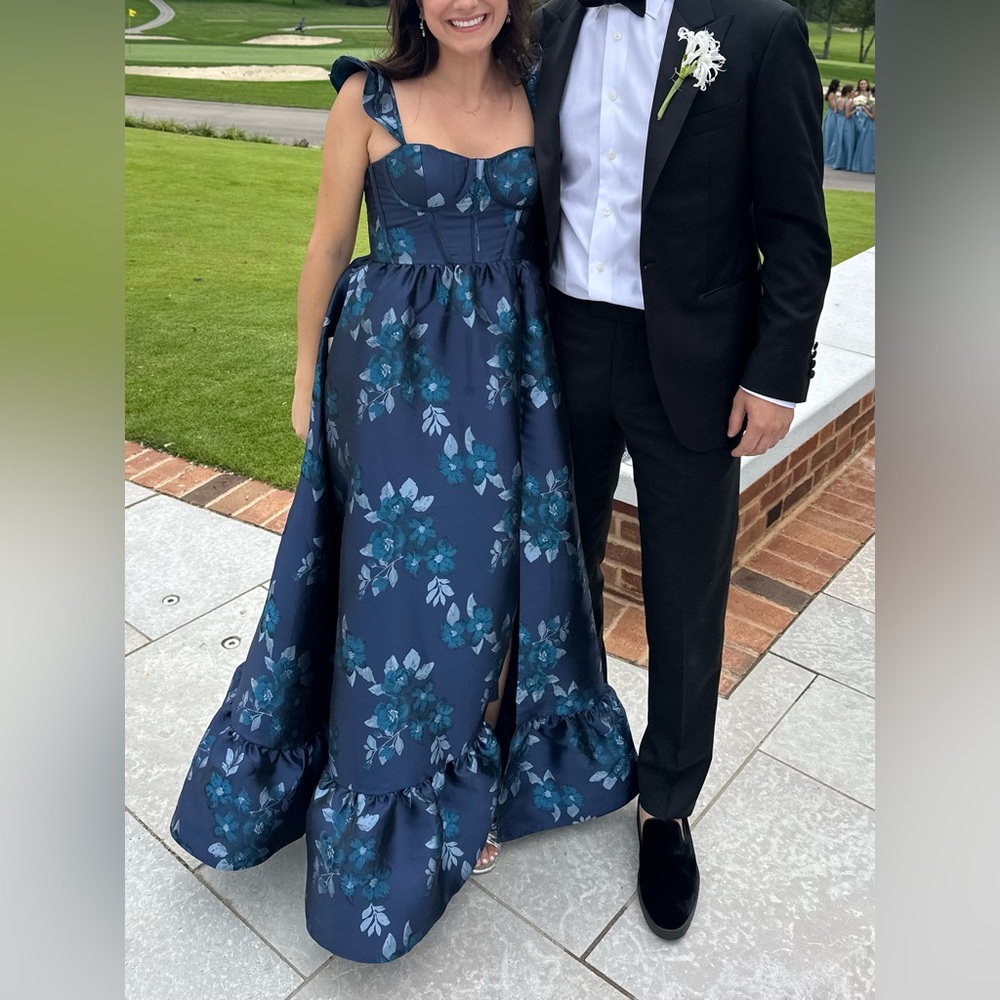 Elegant Dessy Blue Baroque Rose Structured Bodice Gown